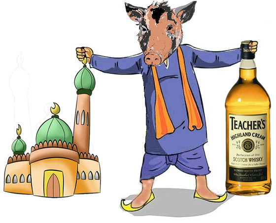 mosque and alcohol holding pig